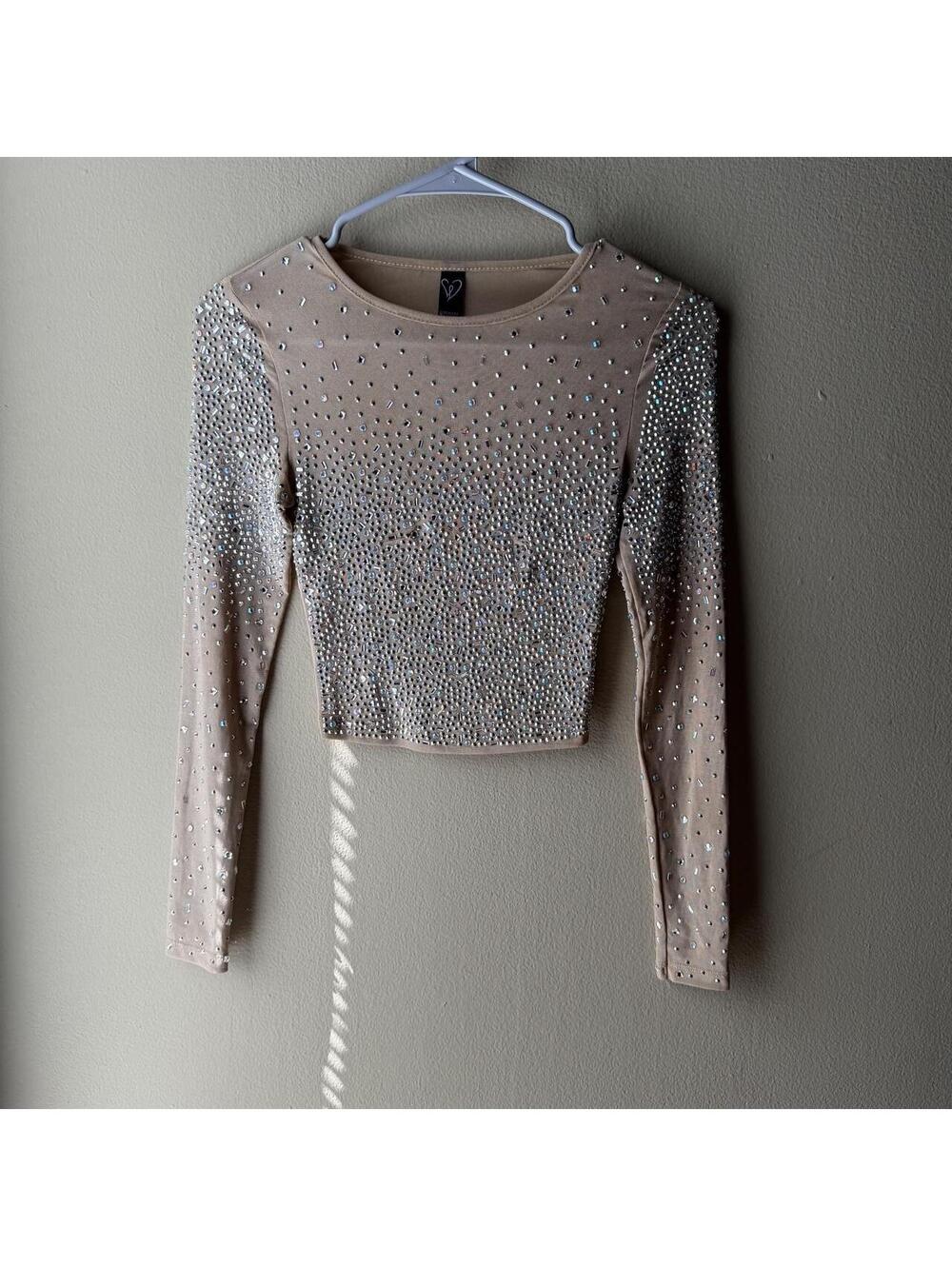 Windsor Nude Rhinestone Mesh Long Sleeve Crop Top | NYE Party Top